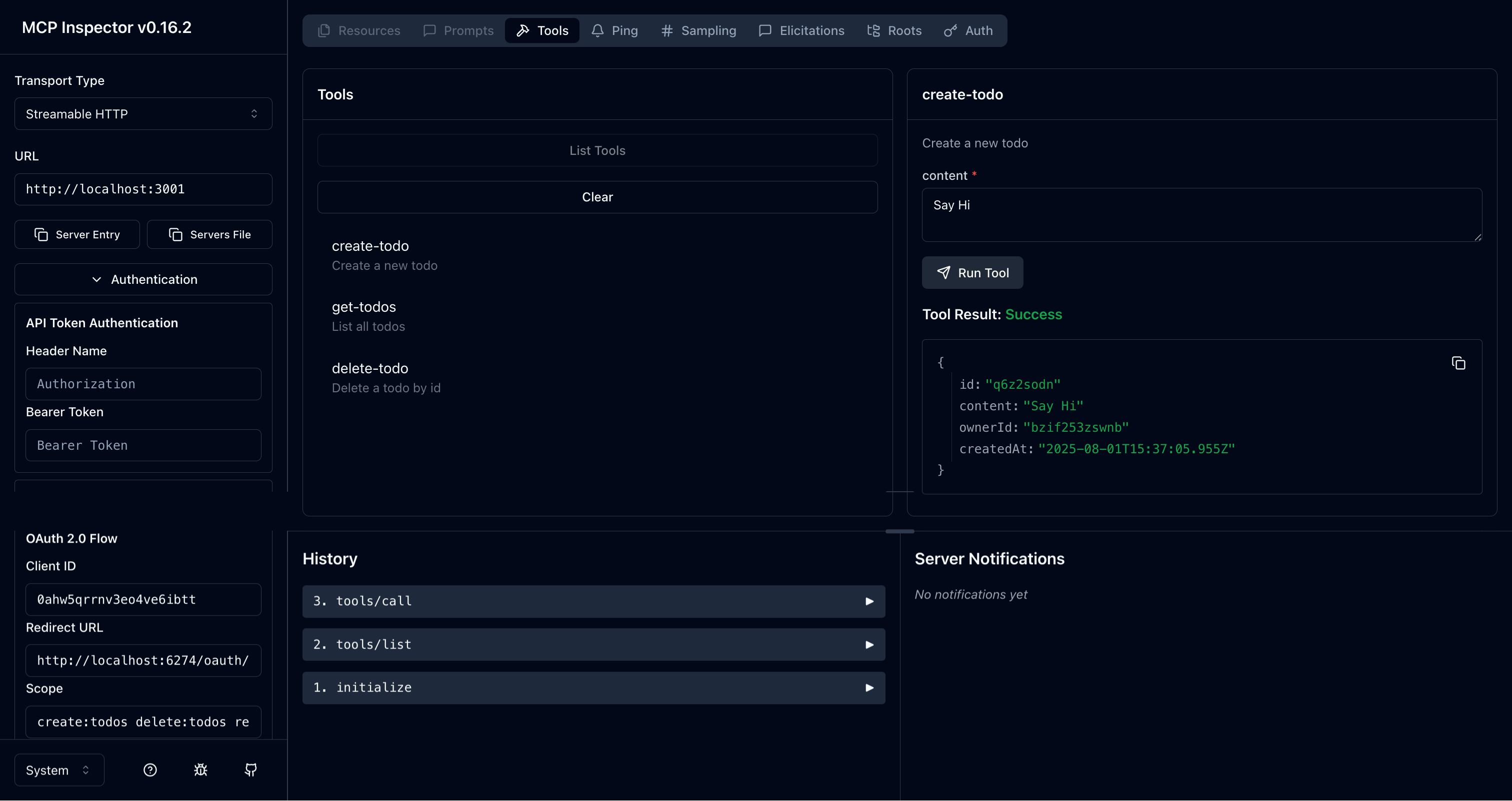 MCP inspector todo 매니저 도구 결과